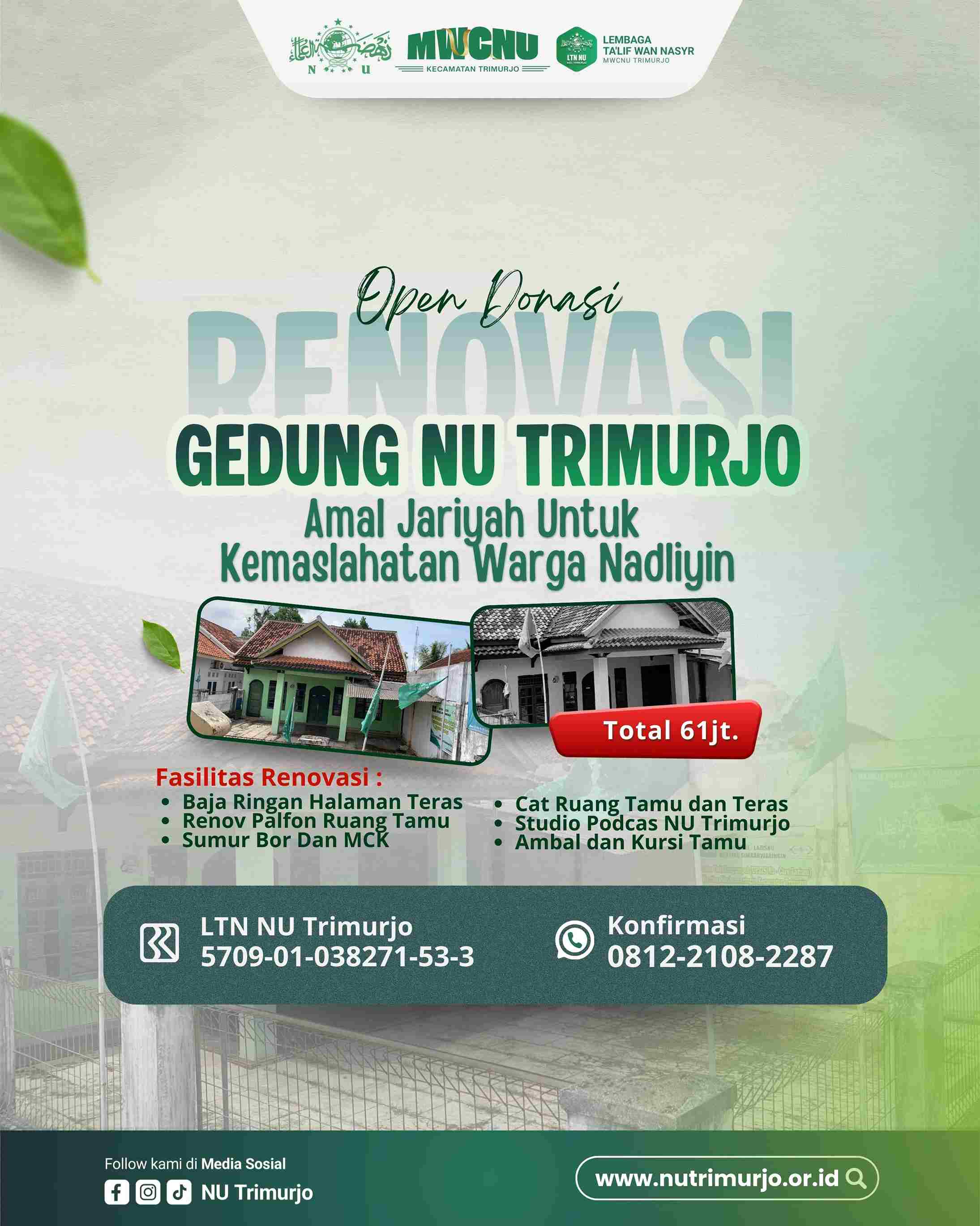 MWC NU Trimurjo Open Donasi Renovasi Gedung, Target Kebutuhan Capai Rp 61 Juta