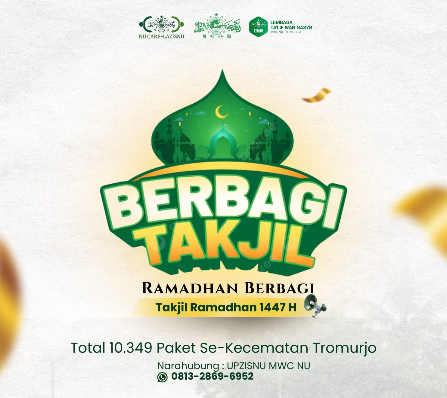 Sejumlah 9.949 Paket Takjil Ramadhan dibagikan UPZISNU dan KBNU seKecamatan Trimurjo